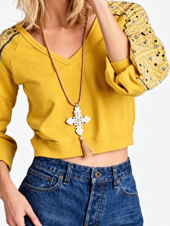 Free People Tops - Free People Señorita Embroidered Sweatshirt | Mustard Yellow | M